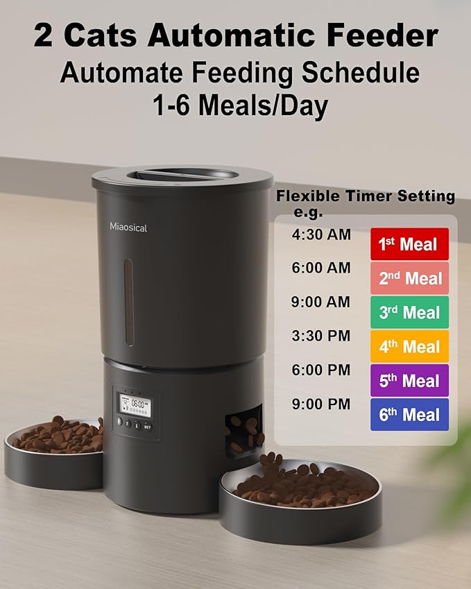 Dual Automatic Cat Feeder 2 Cats,6 Meals/Day,12 Portions/Meal,4.2L Dual Power Double Bowls Feeder,Dry Food Auto Pet Dispenser,10S Voice Record,Flexible Schedule Timer (Black,Stainless Dual Bowls)-Mewly Pet