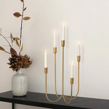 Perfnique 5-Candle Iron Candelabra, 17 Inch Antique Brass Gold Candle Holder, Hand-Forged Cast Gold Candle Holder for Wedding, Event, Christmas & Dining, Table Centerpiece Décor
