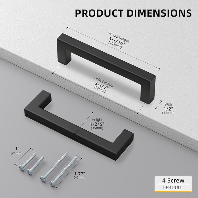 Goldenwarm 1 Pack Black Square Bar Cabinet Pull Drawer Handle Stainless Steel Modern Hardware for Kitchen and Bathroom Cabinets Cupboard, Center to Center 3-1/2in (90mm)