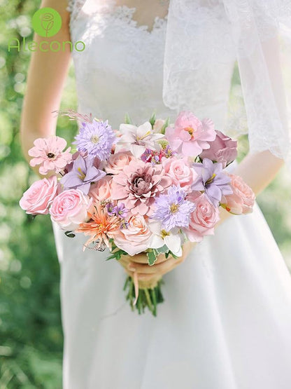 Alecono Artificial Flowers, Pink Purple Fake Flowers with Stems for DIY Wedding Bridal Bouquets, Cake Floral Arrangement Home Decor Indoor Outdoor