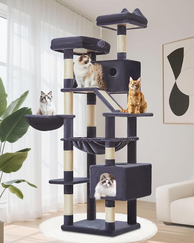 Taoqimiao Cat Tree 71-Inch, Cat Tower for Indoor Cats Large Adult, Multi-Level Large Cat Condo, 8 Sisal Scratching Posts, Metal Frame Cozy Hammock, Scratch Board, 2 Top Perches, Smoky Gray MS026LG-Mewly Pet