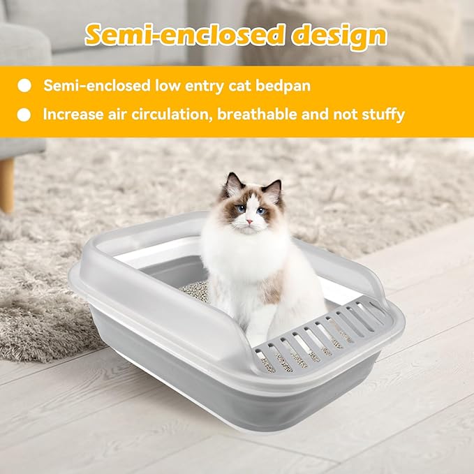 Open Cat Bedpan with Spoon,Shallow Splash Proof Travel Litter Box with Sand Drop Pedal High Side Low Entrance Cat Toilet Semi-Enclosed Adjustable for Kittens Elderly Cats Disabled Cats(Gray)-Mewly Pet