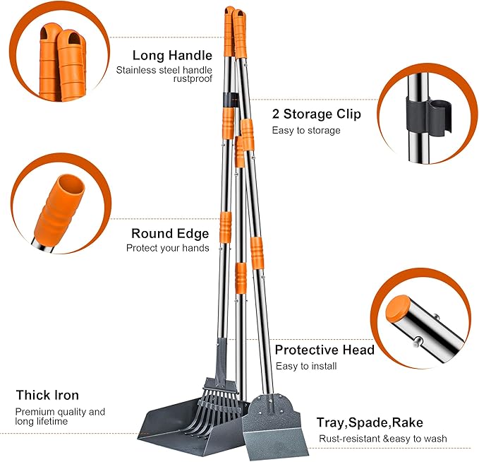 Niubya Pooper Scooper for Dogs, Metal Poop Scooper Tray Spade and Rake Set, Poop Scoop with Adjustable Long Handle, Dog Pooper Scooper for Pet Waste Removal-Mewly Pet