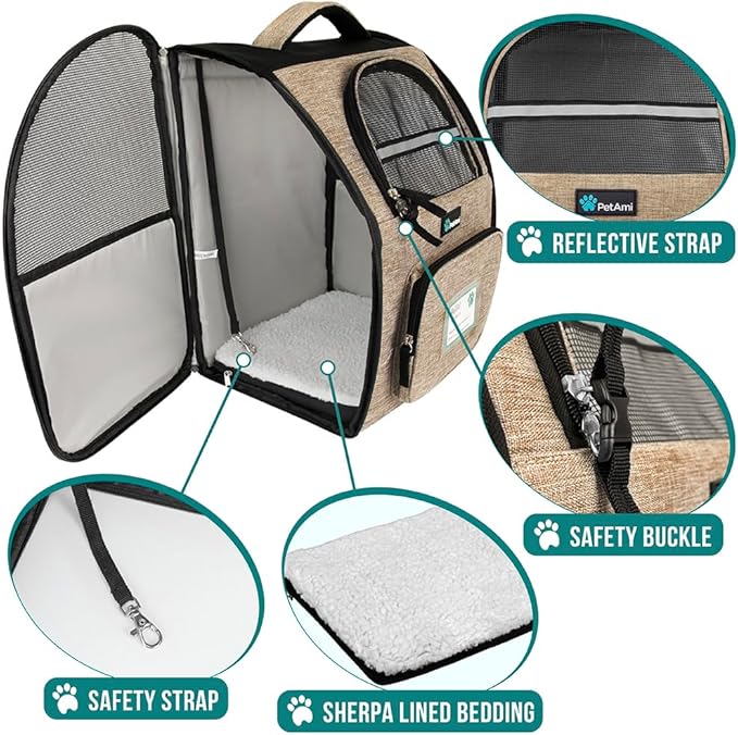 PetAmi Dog Backpack Carrier for Small Large Cat, Pet, Puppy, Ventilated Pet Hiking Backpack Travel Bag, Airline Approved Cat Backpack Carrier, Camping Biking Dog Bag Up to 18lbs Pet, Taupe-Mewly Pet