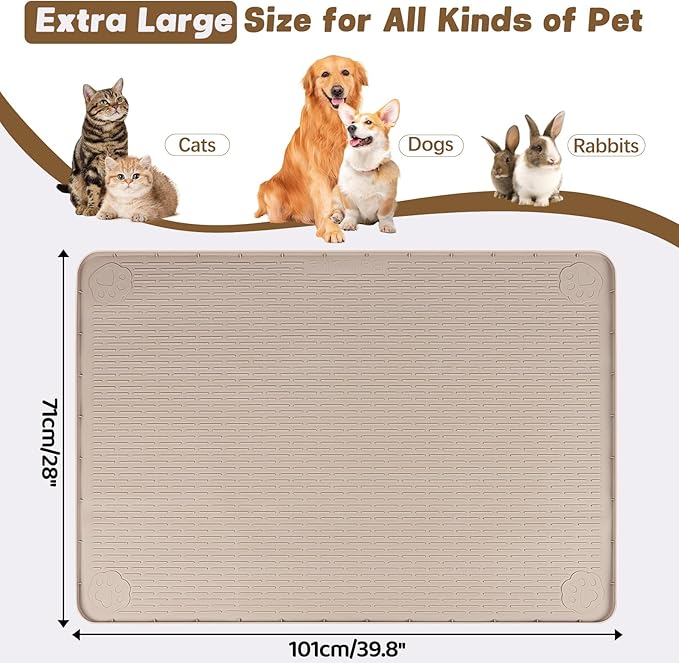 Cat Food Mat, 40" x 28" Extra Large Silicone Pet Feeding Mat with Raised Edge Pet Placemat for Food and Water Bowl Non-Slip, Easy to Clean, Floor Protection (Khaki)-Mewly Pet