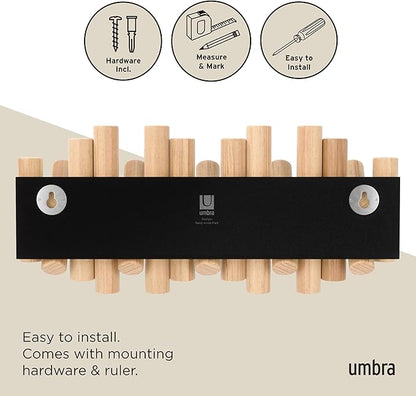 Umbra Picket 5 Hooks, Wall-Mounted Rail, Doubles as Art, Beveled Pine Wood Dowels, Natural Finish