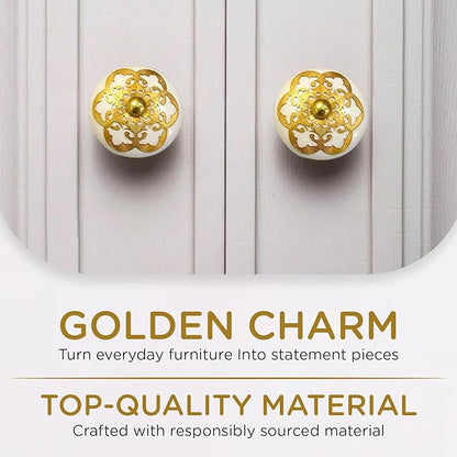 Perilla Home Set of 6 Gold Design Ceramic Knobs Decorative Round Knobs for Home Kitchen Cabinet Vintage Hardware Cupboard Door Dresser Wardrobe Drawer Pulls