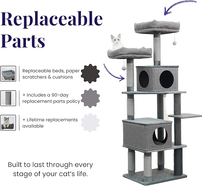 Catry® Stella 7-Level 67.5” Linen & Quilted Velvet Cat Tree with Recycled Paper Scratchers, Two Condos, Removable Beds, Toys, Easy to Clean, Ideal for Large Cats and Multi-Cat Homes (Zinc Gray)-Mewly Pet