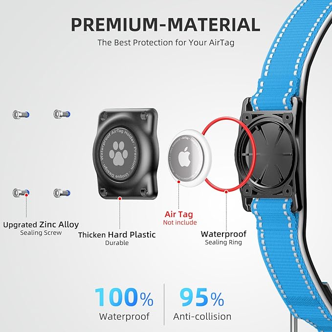 Airtag Dog Collar - 100% Waterproof Air tag Dog Collar Holder for Apple AirTag, Reflective, Soft Padded, Everlasting, GPS Dog Collar for Small Medium Large Dogs (Blue, S)-Mewly Pet