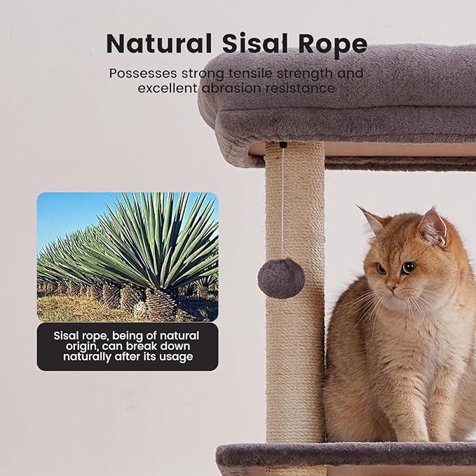 Gardner Pet 65in Heavy Duty Cat Tree Tower for Large Cats, Multi-Level Cat Furniture with Replaceable Sisal Scratching Post, Hammock | Extra-Large Platform & Condo (Grey)-Mewly Pet