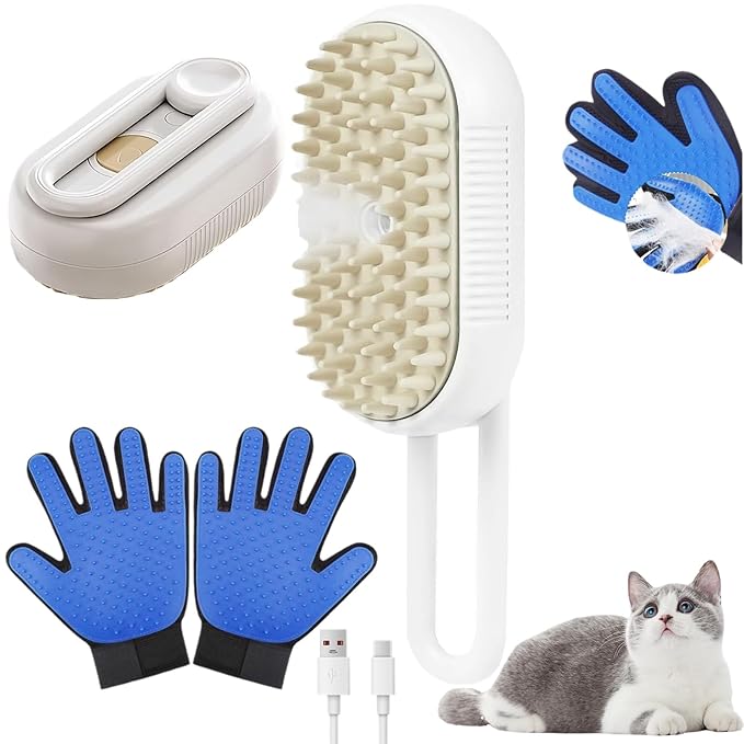 CealumVita Deshedding Glove and Cat Steam Brush Set, Pet Hair Removal Tool with Massage for Dogs and Cats Grooming (Beige spray cmb+gloves-1pair)-Mewly Pet