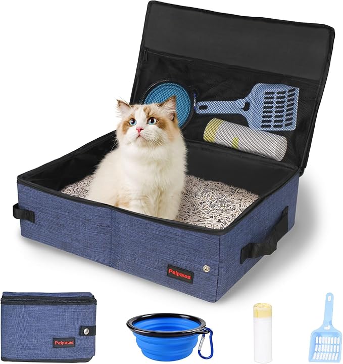 Portable Cat Travel Litter Box. Zipped Lid, Collapsible Litter Box for Cats. No Leakage, No Smell. Easy to Carry. Used for Hotels, Camping, Car (Blue,M)-Mewly Pet