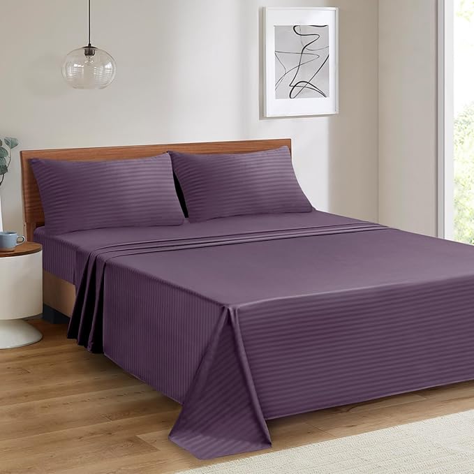 Mejoroom Striped Queen Size Sheet Set - Hotel Luxury 1800 Bedding Sheets & Pillowcases - Deep Pocket Fitted Sheet, Soft, Breathable, Wrinkle & Fade Resistant - 4 Piece (02-Purple)