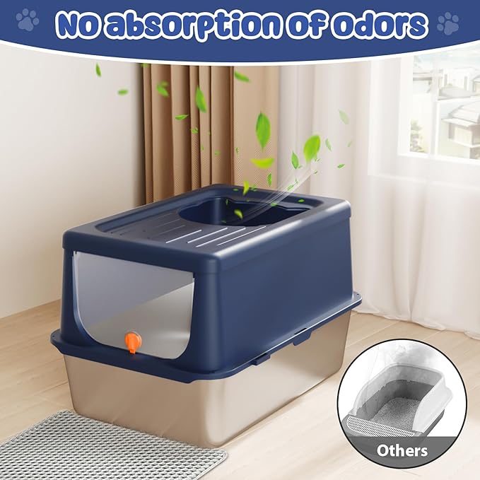 Litter Box with Lid, Stainless Steel Litter Box XL, 14" H Metal Cat Box with High Sides Wall Enclosure, Cat Pan, Non-Sticky, Easy Clean, Anti-Leakage, Blue-Mewly Pet