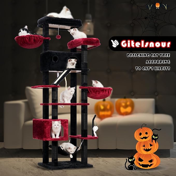 Gothic Cat Tree for Large Cats, 78.7"(200cm) Tall Cat Tower for Indoor Cats Multiple Cats with Large Top Perch, Cat Condo, Cat Hammcok, Cat Scratching Post, Black and Red GCT031BR-Mewly Pet