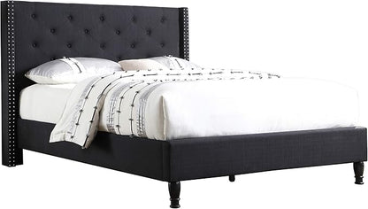 HomeLife Premiere Classics Cloth Black Linen 51" Tall Headboard Platform Bed with Slats Queen - Complete Bed 5 Year Warranty Included 007