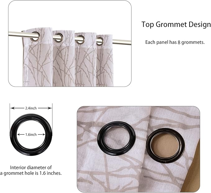 BONZER Mix and Match Curtains - 2 Pieces Branch Print Sheer Curtains and 2 Pieces Blackout Curtains for Bedroom Living Room Grommet Window Drapes, 54x95 Inch/Panel, Taupe, Set of 4 Panels