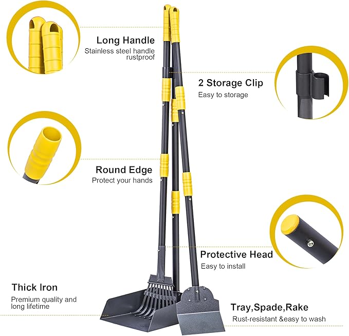 Niubya Pooper Scooper for Dogs, Metal Poop Scooper Tray Spade and Rake Set, Poop Scoop with Adjustable Long Handle, Dog Pooper Scooper for Pet Waste Removal-Mewly Pet