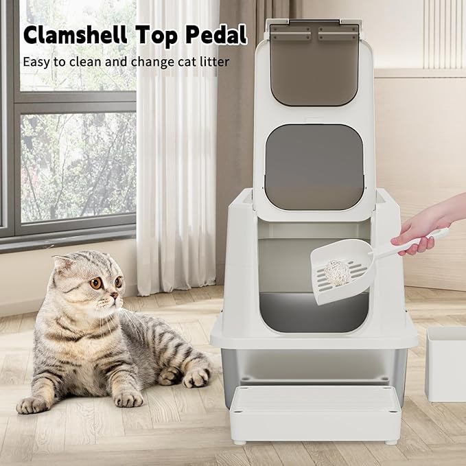 RIZZARI Stainless Steel Cat Litter Box, Enclosed Top-Entry Design, Large Capacity High-Sided Leak Proof Litter Pan for Cats, Easy Clean Pet Toilet (Beige, with Cat Litter)-Mewly Pet