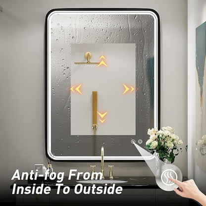 32X24 Inch LED Bathroom Mirror with Light, Black Metal Frame Mirror, Wall Mounted Lighted Vanity Mirrors for Wall, Anti Fog Dimmable Led Mirror for Makeup