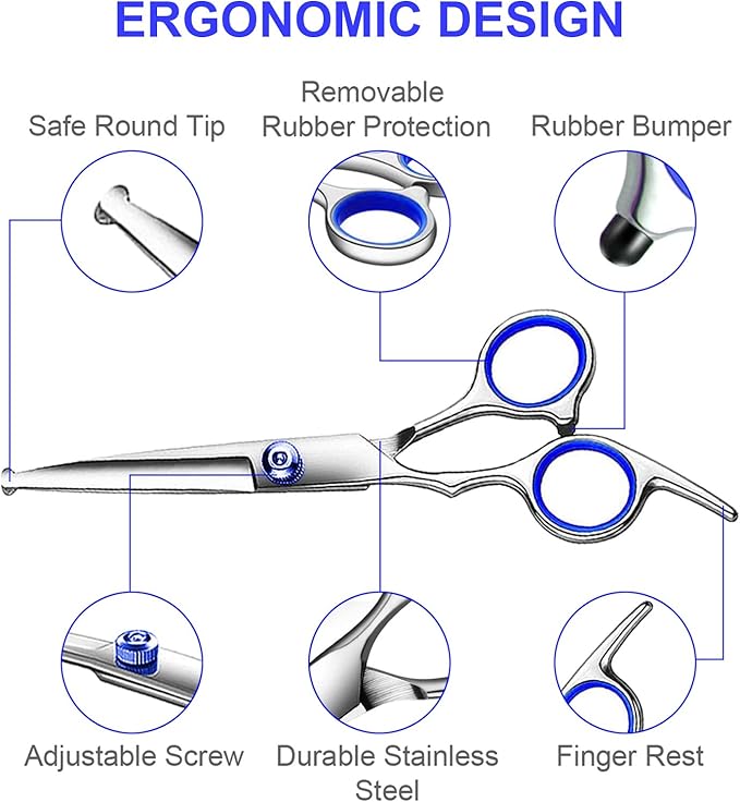Professional 6 in1 Dog Grooming Scissors Kit, Titanium Coated Dog Scissors for Grooming, Grooming Shears Kit for Dogs Cat Pet At Home-Mewly Pet