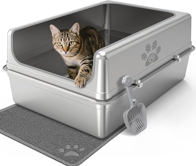 Enclosed Stainless Steel Cat Litter Box with Lid, Oversize Metal Litter Box for Multi Cats, Extra XXL Cat Toilet with High Side, Non-Stick, Anti-Leakage, Odorless, with Cat Litter Mat & Litter Scoop-Mewly Pet