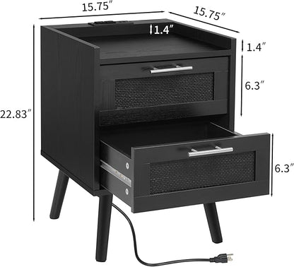 Finnhomy Nightstand with Charging Station, Bedside Table with 2 Hand Made Rattan Decorated Drawers, Night Stand with Storage for Bedroom, Full Black, Set of 2
