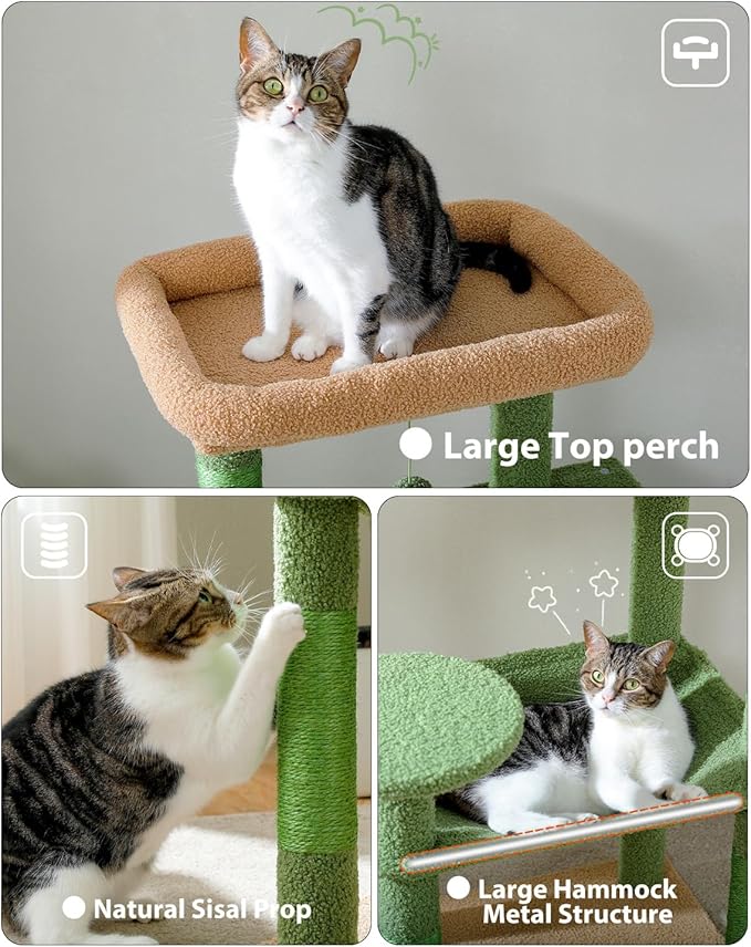 Cactus Cat Tree for Large Cats with Metal Plush Big Hammock, 56.3" Cat Tower for Indoor Cats with 2 Door Condo House, 6-Tier Cat Shelves with Scratching Posts and Large Top Perch,Green-Mewly Pet
