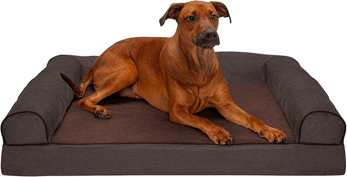 Furhaven Orthopedic Dog Bed for Large Dogs w/ Removable Bolsters & Washable Cover, For Dogs Up to 95 lbs - Sherpa & Chenille Sofa - Coffee, Jumbo/XL-Mewly Pet