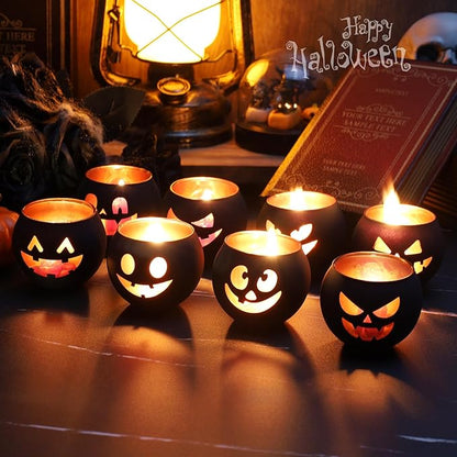 Set of 8 Halloween Candle Holder, Tealight Grimace Holder, Black Votive Candlesticks for Table Centerpieces Party Decoration