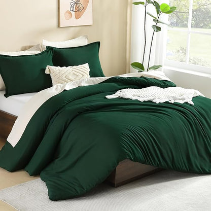 Litanika Dark Emerald Green King Comforter Set, 3 Pieces Solid Forest Bedding Set, All Season Fluffy Bed Set (104x90In Comforter & 2 Pillowcases)