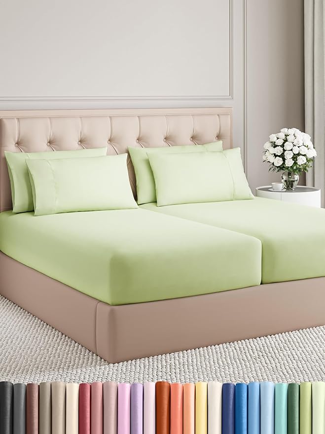 Split King 7 Piece Sheet Set - Comfy Breathable & Cooling - Soft Hotel Luxury Bedding Set with 8-16 Inch Deep Pockets - 1 Flat & 2 Fitted Sheet & 4 Pillowcases - Wrinkle Free & Easy Care - Light Sage