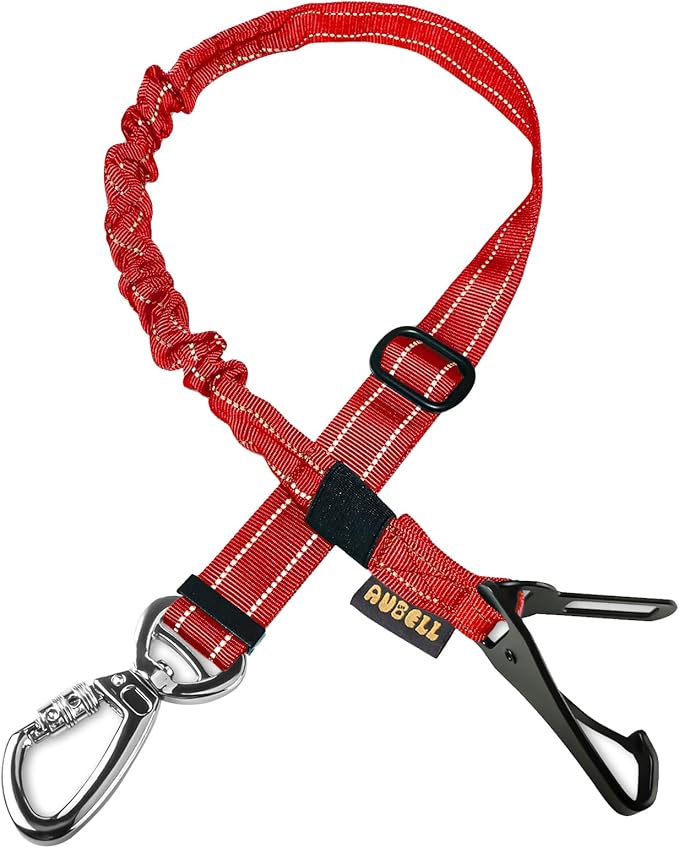 AUBELL Dog Seat Belt for Car,Updated 3-in-1 Adjustable Reflective Bungee Heavy Duty Dog Car Harness Tether with Clip Hook Latch & Buckle,Swivel Zinc Alloy Carabiner,Red-Mewly Pet