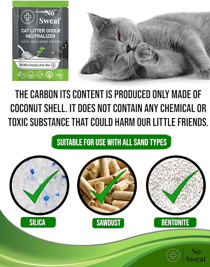 No Sweat Activated Carbon Cat Litter Odour Neutralizer- Made Of Coconut Shell -All Natural - None Chemical,Toxic Ingredients- Non-Scented-Planet Friendly-Disposable 10 Packs in One Box 250 GR-Mewly Pet