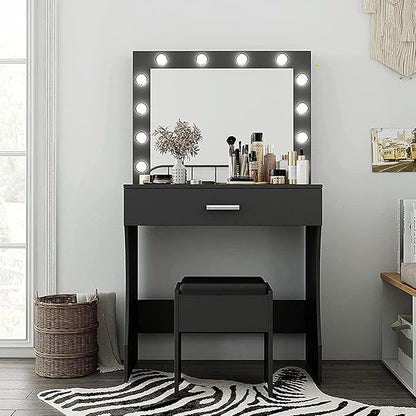 Vanity Desk, Makeup Vanity with Mirror and Lights, Adjustable Brightness and Sturdy Wood Vanity Large Drawer, 31.5in, Black