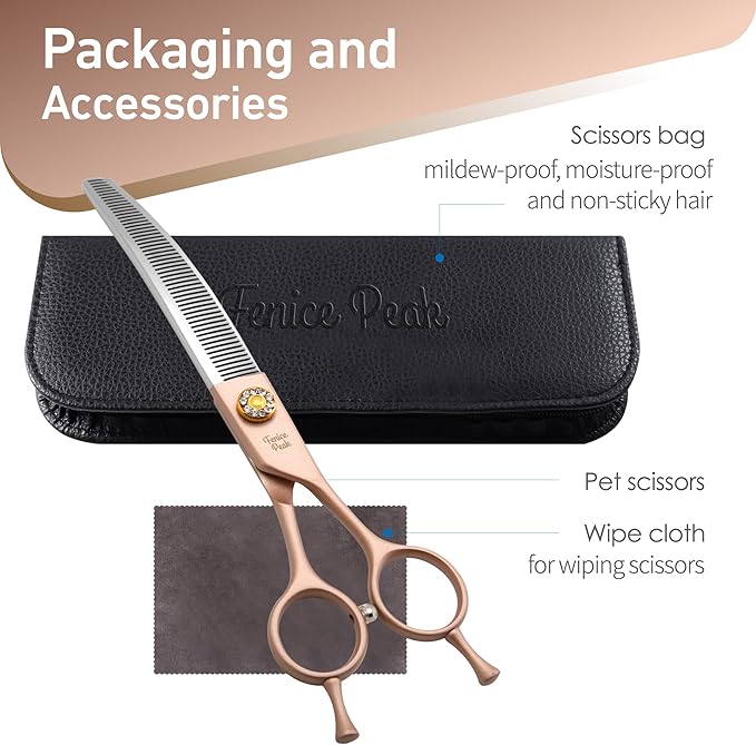 Fenice Peak Professional Curved Thinner Dog Grooming Scissors 7.0'' Rose Gold Thinning Shears Extremely Sharp Blades 440C Stainless Steel Thinning Shears Durable Smooth Fine Cut for Dogs and Cats.-Mewly Pet