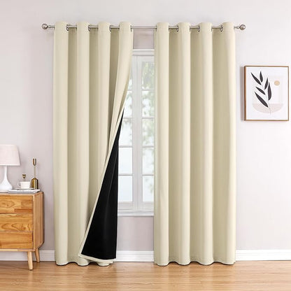 ChrisDowa 100% Blackout Curtains 72 inch Long for Bedroom with Black Liner, 2 Thick Layers Total Blackout Thermal Insulated Grommet Window Curtains 2 Panels Set (Light Beige, 52 x 72 Inch)