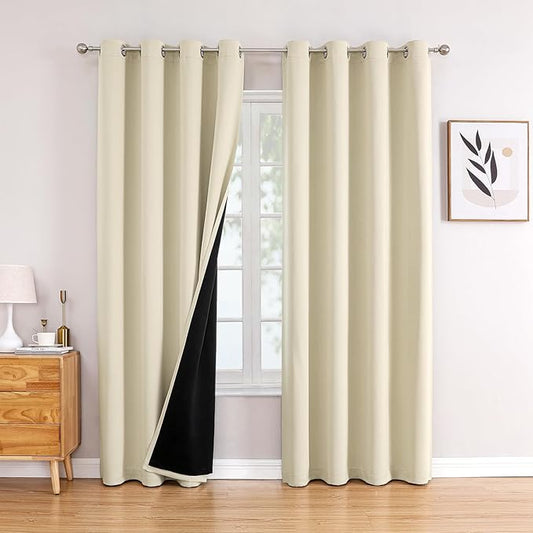 ChrisDowa 100% Blackout Curtains 84 inch Long for Bedroom with Black Liner, 2 Thick Layers Total Blackout Thermal Insulated Grommet Window Curtains 2 Panels Set (Light Beige, 52 x 84 Inch)