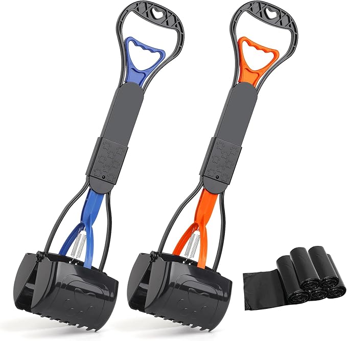 PPOGOO Non-Breakable 2PCS Pooper Scoopers for Large Medium Small Dogs with 24.3inch Long Handle High Strength Material Durable Spring, Easy Grass and Gravel Pick Up Blue and Orange-Mewly Pet