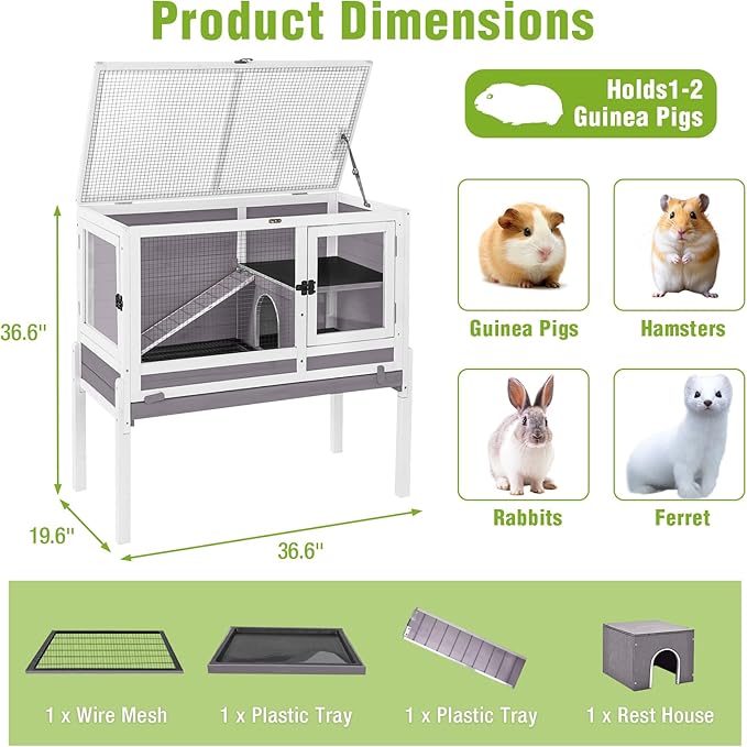 GUTINNEEN Indoor Guinea Pig Cage Rabbit Hutch with Chew-Proof Ramp, 2-Story Wooden Bunny House with Pull-Out Trays & Leakproof PVC Layer, Small Animal Cages with Detachable Legs (Gray)-Mewly Pet
