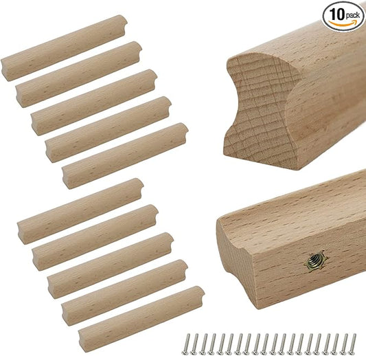 10Pcs Unfinished Beech Wood Solid Furniture Pulls Handles,Unfinished Unpainted Paintable Wooden Handles Cupboard Closet Drawer Handle Pull,Length 6.3",Hole Dis.5.04"