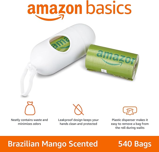 Amazon Basics Dog Poop Bags with Dispenser, 540 Count, Enhanced for Guaranteed Leakproof, Brazilian Mango Scented, Includes Leash Clip-Mewly Pet