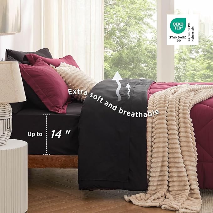 Bedsure Queen Comforter Set - 7 Pieces Reversible Burgundy and Black Bedding, Queen Size Bed Set for All Seasons, Bed in a Bag with Down Alternative Comforter, Sheets, Pillowcases & Shams