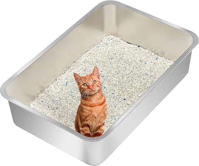 Kichwit Extra Large Stainless Steel Cat Litter Box with High Sides, Easy to Clean, Smooth Surface, Rust Resistant, 23.6" x 15.7" x 10" (with Lid)-Mewly Pet