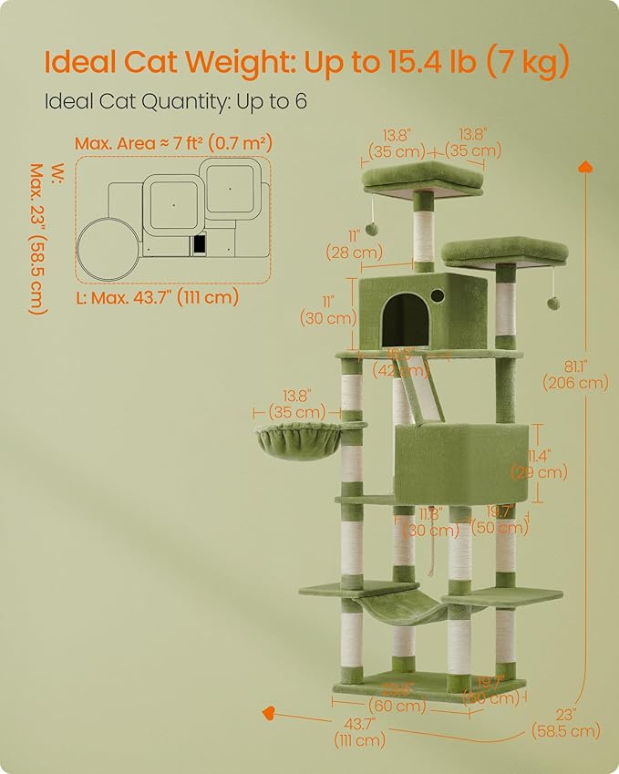 Feandrea Cat Tree, 81.1-Inch Large Cat Tower with 13 Scratching Posts, 2 Perches, 2 Caves, Basket, Hammock, Pompoms, Multi-Level Plush Cat Condo for Indoor Cats, Green UPCT190C01-Mewly Pet