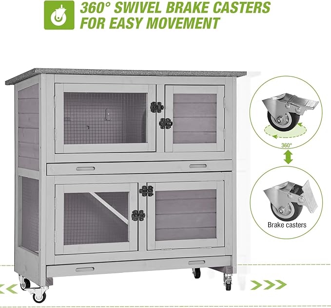 GUTINNEEN Rabbit Hutch Indoor with Chew-Proof Design, Wooden Bunny Cage Outdoor Guinea Pig Cages with Wheels, Leak-Proof Trays for Rabbits, Guinea Pigs, Small Animals-Mewly Pet