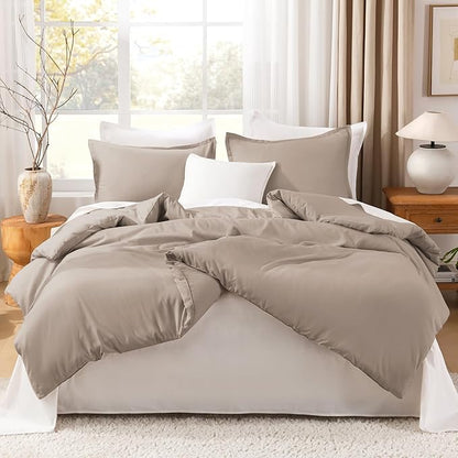 Litanika Light Coffee Comforter Full Size, 3 Pieces Lightweight Solid Bedding Set, All Season Fluffy Bed Set (79x90In Comforter & 2 Pillowcases)