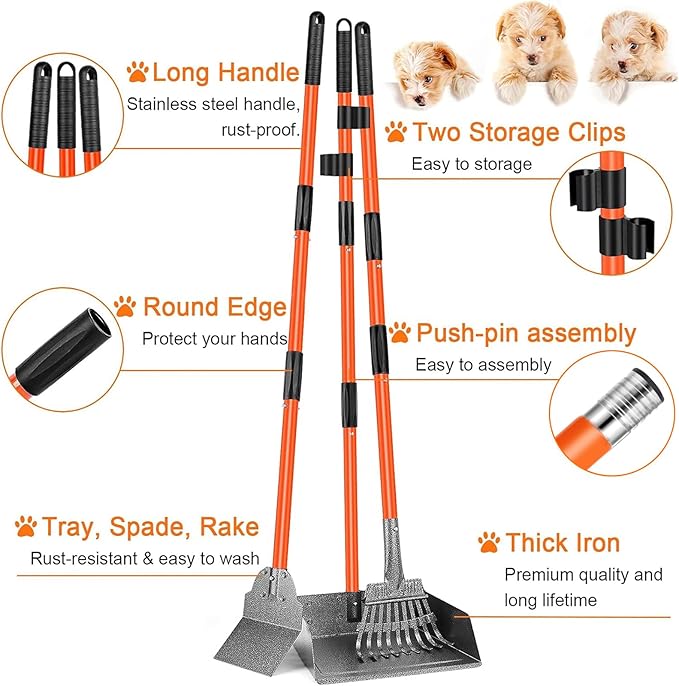 TNELTUEB Scooper Adjustable Long Handle Metal Tray Rake and Spade Poop Scooper for Dogs Pack Poop Scoop Pet Waste Removal Poop Scoop for Large Dogs and Pets Great for Lawns Grass Gravel-Mewly Pet