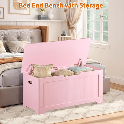Wooden Storage Chest Box with Flip-top Lid & Safety Hinge, 39.4 Inch Living Room Organizer, Bedroom Bench, Pink