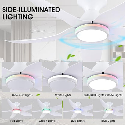 46" Ceiling Fans with Lights Remote/APP Control, Low Profile Ceiling Fans with Dimmable White Colors+Ring RGB Lights, 6 Speeds 5 Reversible Curved Blades for Kids Room Bedroom Living Room Bar, White